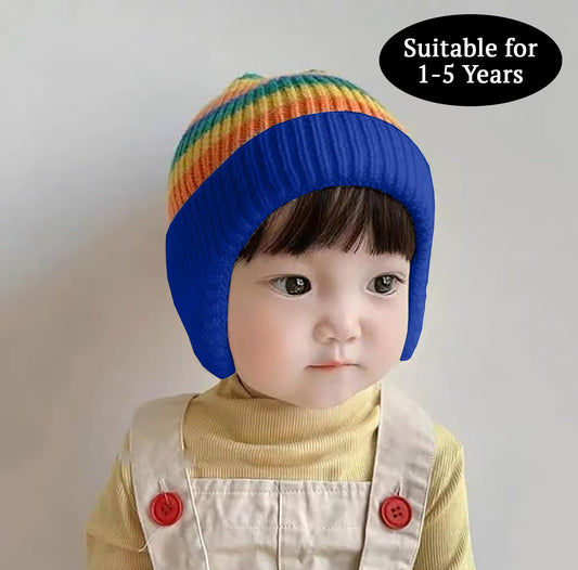 SYGA Baby Winter Cap 1-5 Years Wool Multi-Stripe Warm Knitted Hat with Ear Protection Rainbow hat [Blue]
