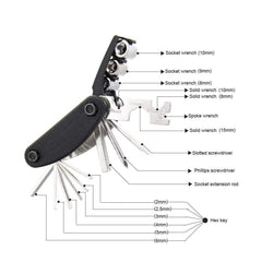 Syga Multi Function Folding Bicycle Cycling Mechanic Combination Repait Metal Tool (Medium, Black)