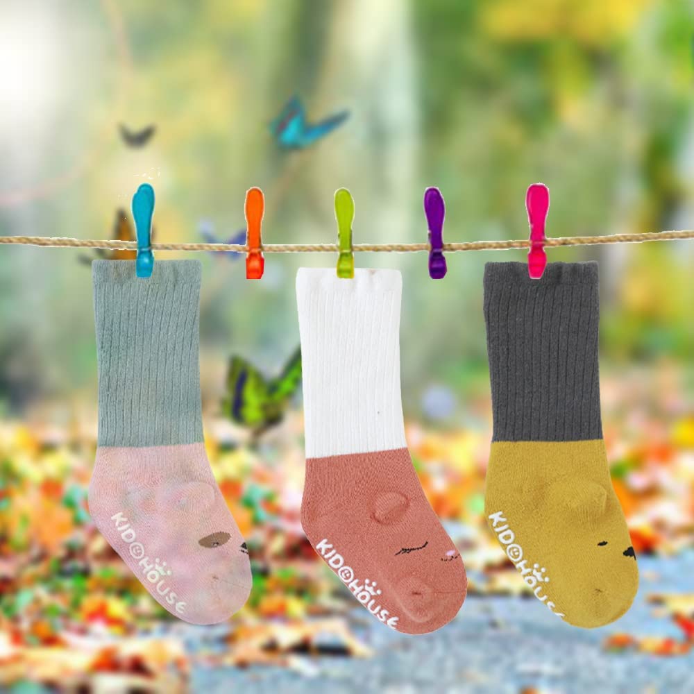 SYGA Pack Of 3 Pair Baby Girl Boy Non Slip Trainer Socks Kids Toddlers Infant Knee Warm Cotton Stretch Baby Socks - 1-3Years, Turmeric, Pink, BrickRed