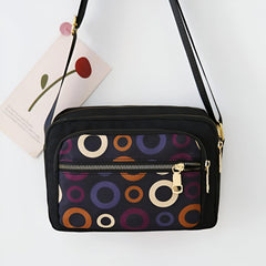 MOMISY Ladies Crossbody Bag, Nylon Shoulder Mobile Phone Purse, Circle Pattern, Black with Multi-Colour