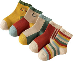 MOMISY 5 Pairs Girl Boys Tube Socks Toddlers Infant Solid Color Boat Spring and Autumn Socks Stretch Baby kids Sock (IN, Age, 12 Months, 3 Years, Rainbow Smiley)