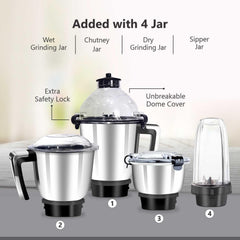 Rico Premium 1000W Juicer Mixer Grinder with Japanese Technology & Whip Mode for thick Grinding in Kitchen|3 Stainless Steel Jars & 1 Sipper for Smoothies|Warranty 5 Years on Motor & 2 Years on Mixer