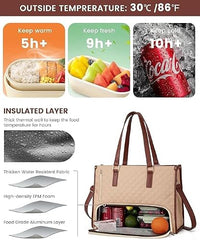 Crewer Elegant Work Bag with Lunch Compartment – Laptop Tote Bag with Lunch Box Section, Office Bag with Insulated Lunch Storage – Stylish Quilted Shoulder Bag for Women. (Cream)