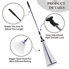 STANSY Adjustable Garden Leaf Rake, Telescopic Metal Handle 31-64 Inch, Heavy-Duty Lawn Yard Rake for Grass Clippings, Garden Debris, Outdoor Cleaning