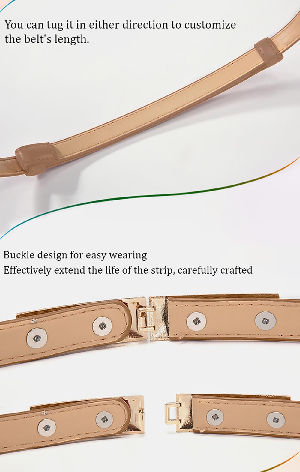 SYGA Women Leather Belt Thin Skinny Metal Gold Elastic Buckle Waistband 22-36 Waist Belt Dress Accessories(Camel)