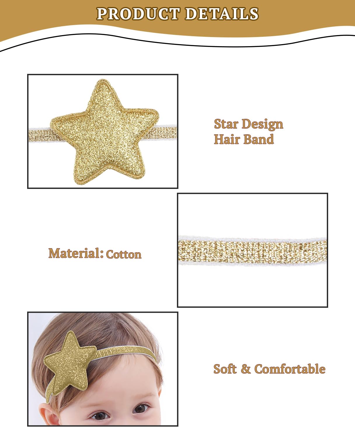 SYGA Baby Girl's Glittery Star Headband Soft & Stretchable Fabric Hairband for Infants, Toddlers Little Princesses (0-3 Years Golden)