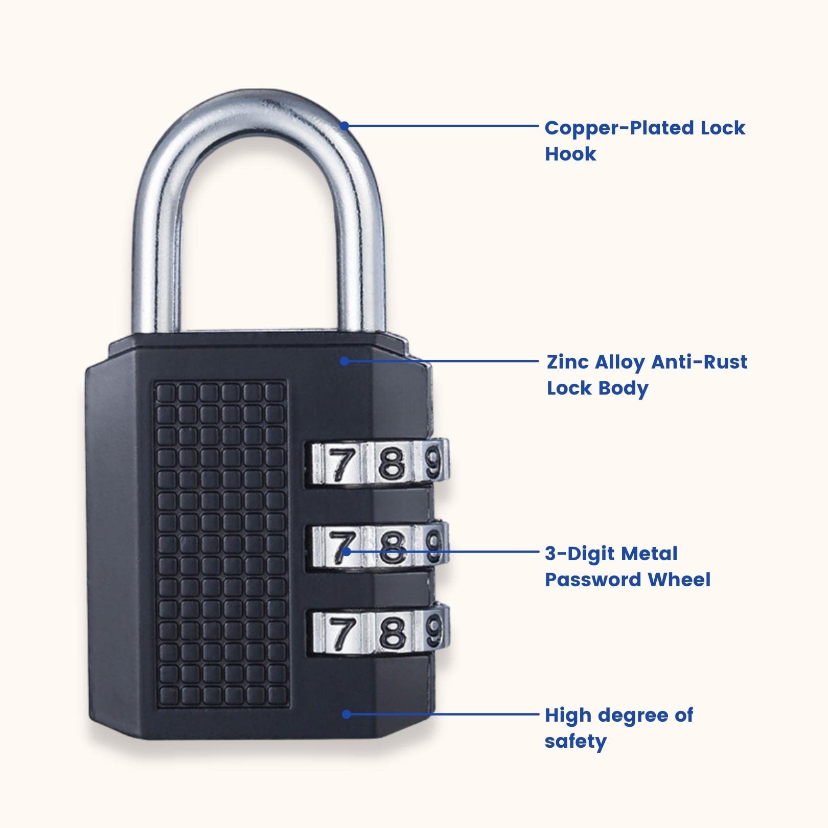 SYGA 3 Digit Combination Padlock Black Number Luggage Travel Code Lock - Black, 54mm