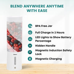 Libra Portable Blender for Smoothies & Juices â€“ USB Rechargeable Blender Juicer with 6 Blades, 450ml Capacity, 4000mAh Battery, 200W Motor, Waterproof Portable Juicer for Travel, Gym & Office (White)
