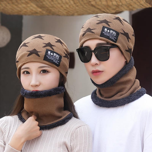 MOMISY Unisex Woolen Beanie with Star Pattern and Fleece Lined Neck Warmer Scarf Set, Brown