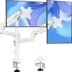 Dual Monitor Stand Height up to 26.6 inch, Monitor Desk Mount Holds up to 32 inch & 22 lbs Each, Gas Spring Dual Monitors Arm with C-clamp & Grommet Mounting, Freelift White