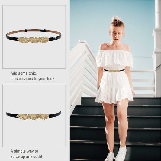 SYGA Women's Leaf Skinny Stretchy Leather Thin Belt, Black (Pack of 1)