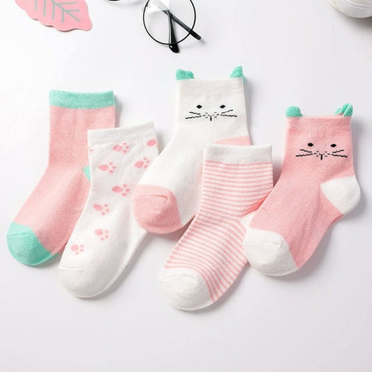 MOMISY 5 Pairs Baby Girl Boys Tube ankle Socks for Baby Girl BoysToddlers Infant kids (PinkKitten, 0 year to 1 year)