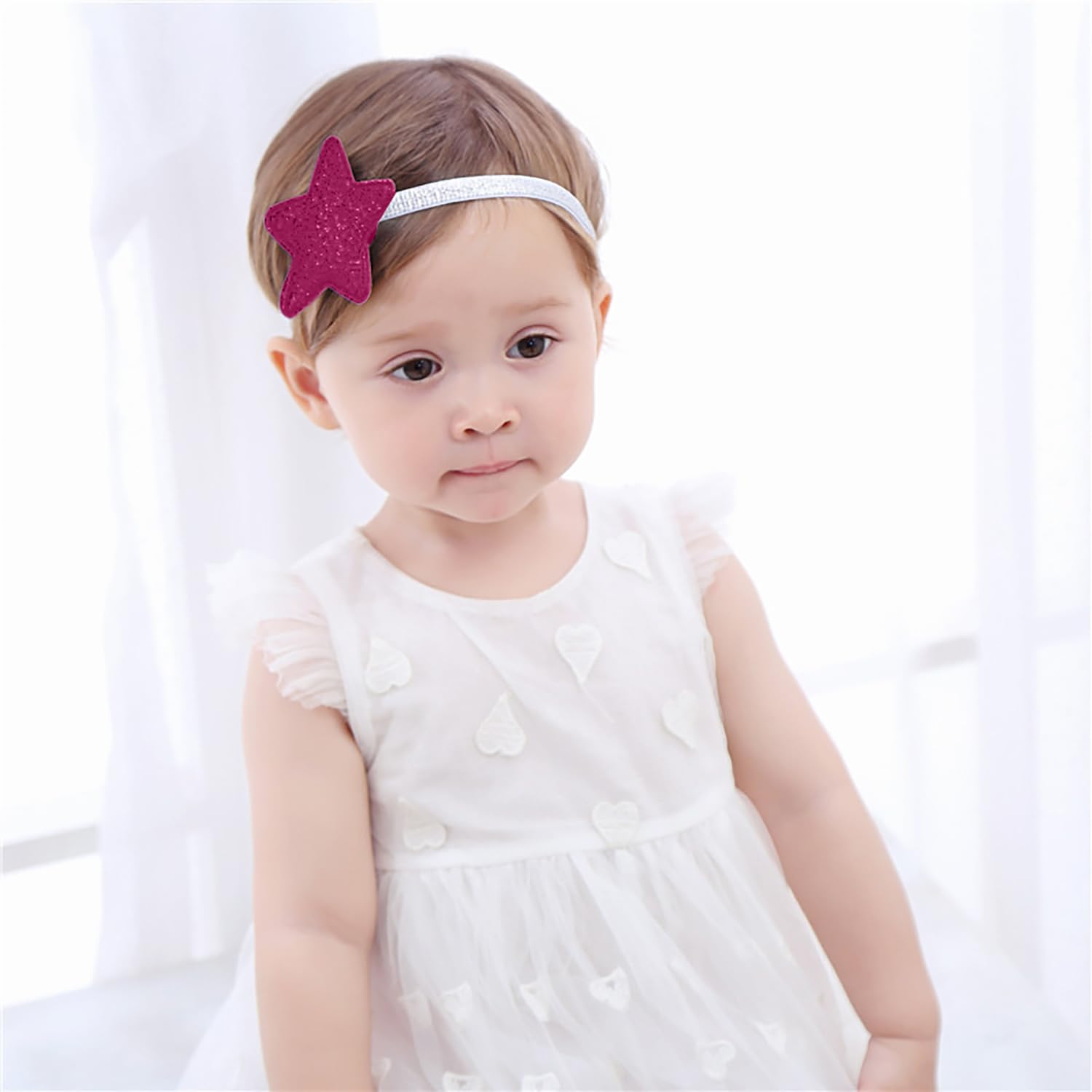 SYGA Baby Girl's Glittery Star Headband Soft & Stretchable Fabric Hairband for Infants, Toddlers Little Princesses (0-3 Years Dark Pink)