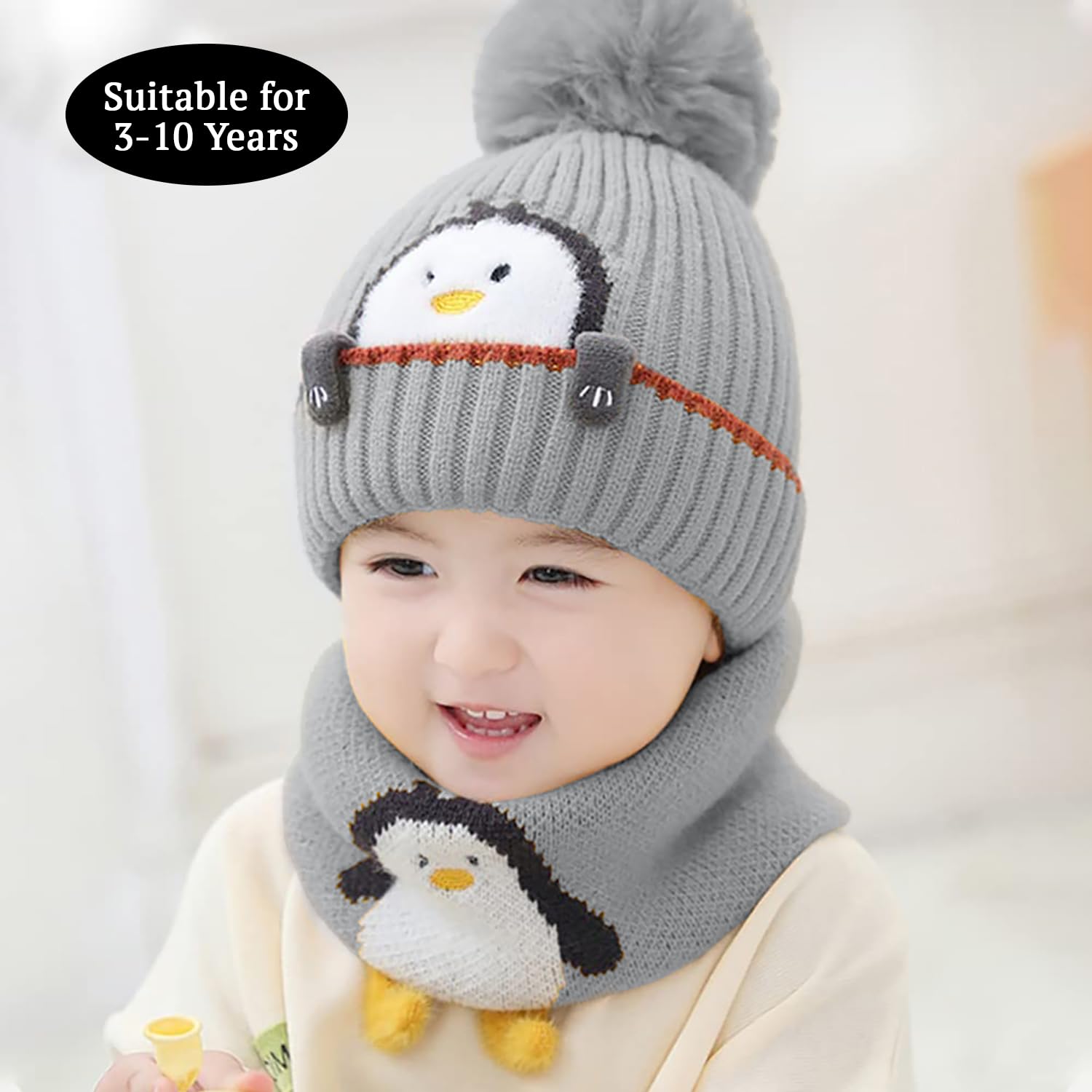 SYGA Baby Winter Cap with Scarf Knitted Penguin Design Beanie Hat for 3-10 Years, Stretchable Woolen Neck & Ear Protection(Yellow)