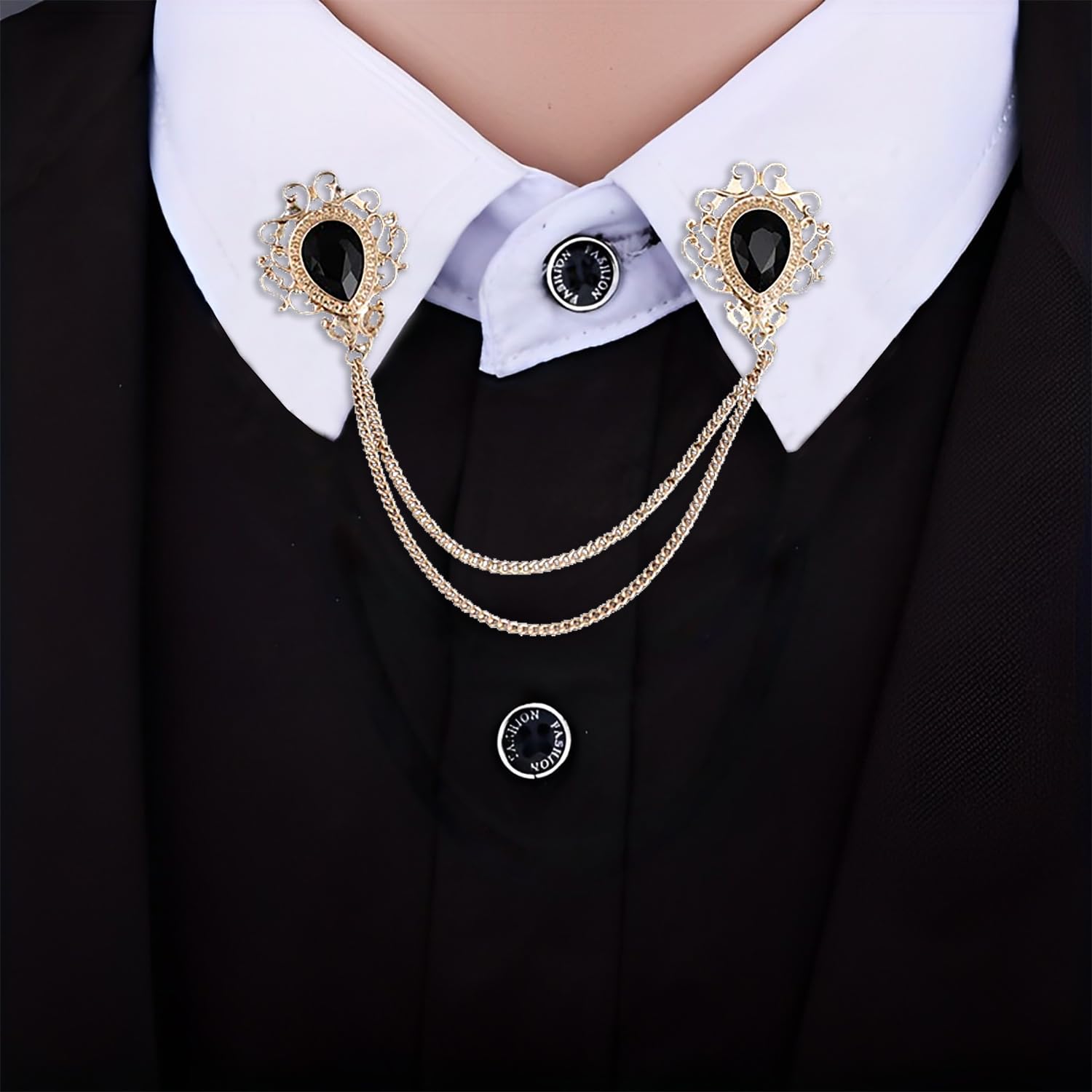 SYGA Men's & Women Suit Shirt Stud Lapel Pin Chain Tassel Brooch Pin with Crystal Chain(Vintage black gemstone)