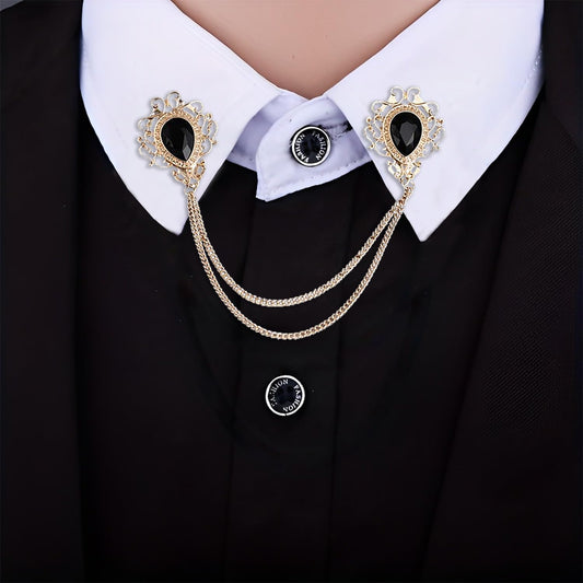 SYGA Men's & Women Suit Shirt Stud Lapel Pin Chain Tassel Brooch Pin with Crystal Chain(Vintage black gemstone)