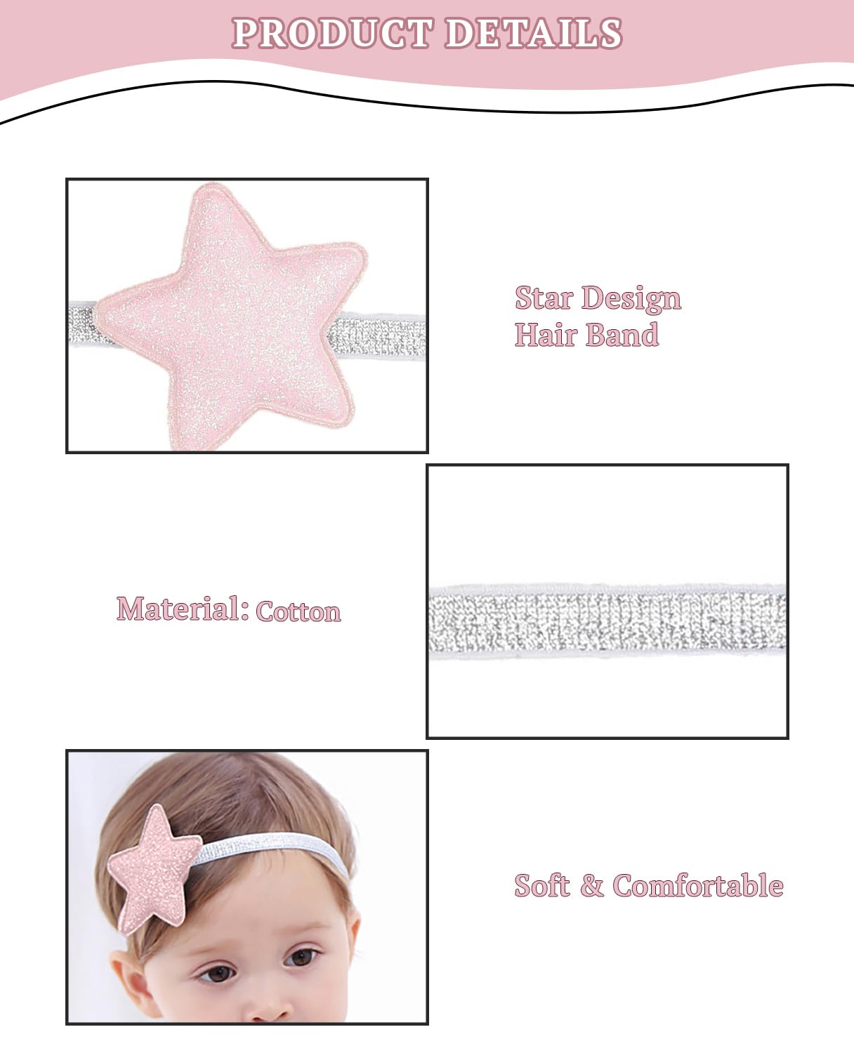 SYGA Baby Girl's Glittery Star Headband Soft & Stretchable Fabric Hairband for Infants, Toddlers Little Princesses (0-3 Years Light Pink)