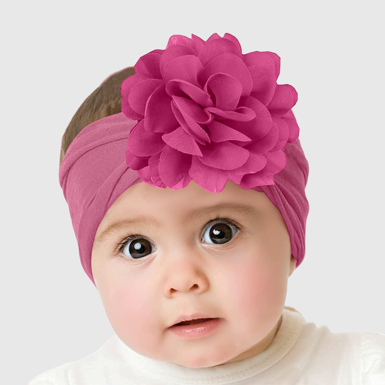 SYGA PACK OF 3 Headbands Nylon Flower Soft Stretchable Hairband for Newborn Infant Toddler Kids For 0-3 Year (MediumPink-Beige Yellow-Turquoise)