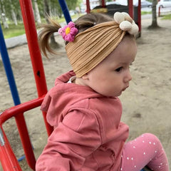 MOMISY Baby Headbands for Girls, Stretchy Flower Design, Pack of 3, Baby Shower Gift (OffWhite PinkPurple Khaki, 0-6Y)