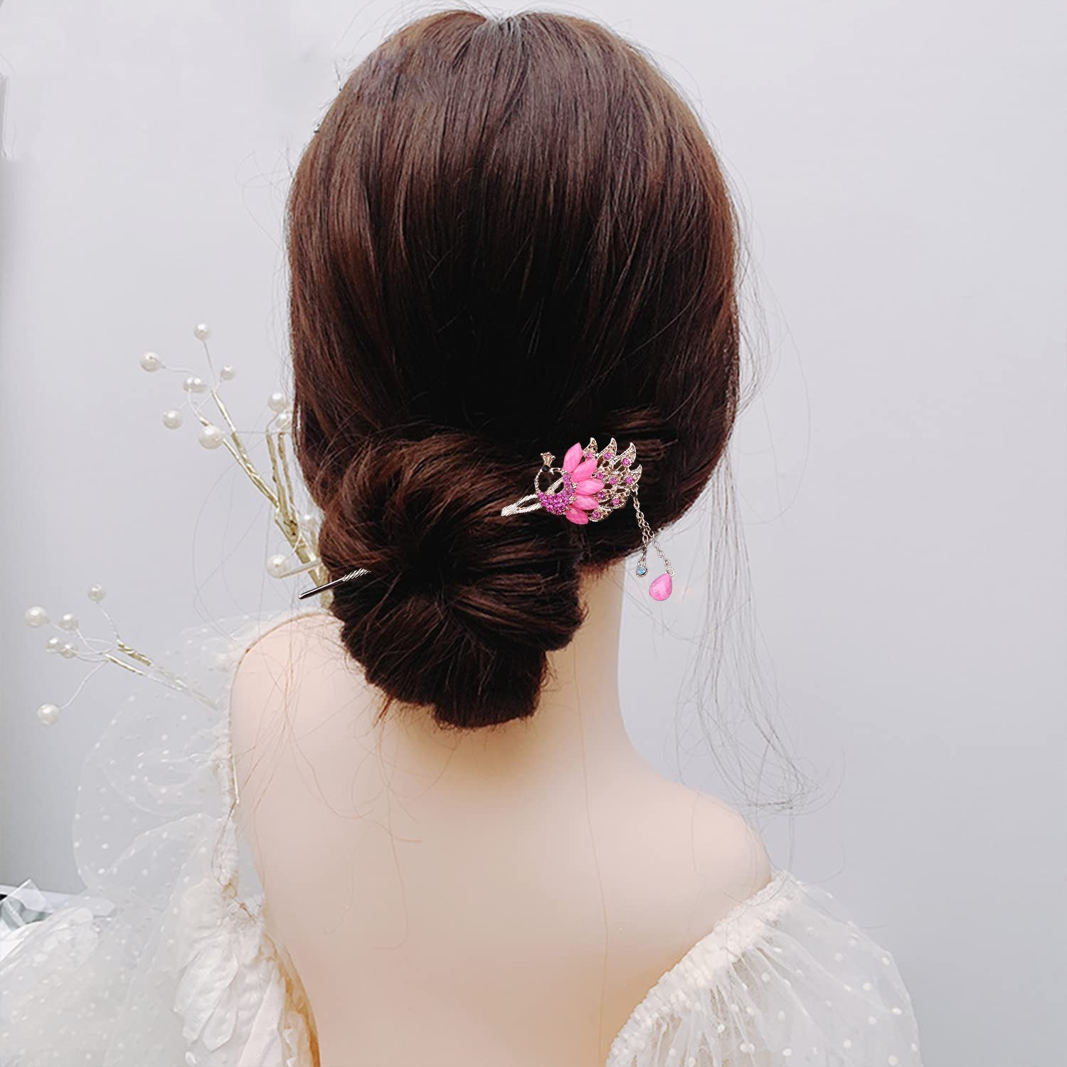SYGA 1 Piece Ancient Style Pearl Metal Hair Stick Crystal Rhinestones Hair Stick(16 CM) For Women Girls