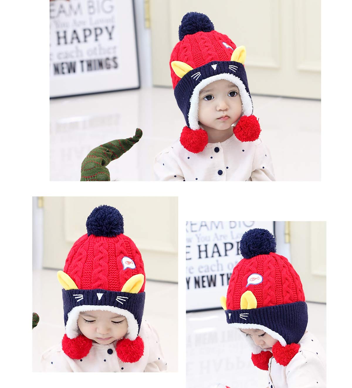 SYGA Winter Cap Ear Proction Beanie Knitted Pompom Baby Cap 2-5 Year Kids Cap Red