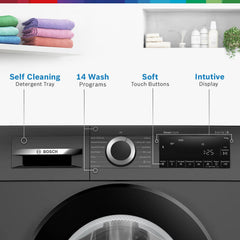 Bosch 9kg 5 Star Anti Stain & AI Active Water Plus Fully Automatic Front Load Washing Machine with Built in Heater (WGA1420TIN, Pretreatment & Steam with Anti Bacteria and 5 Star Inverter, Black Grey)