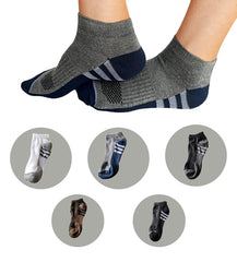 MOMISY Men's Premium Cotton Cushion Ankle length Socks, (Multicolor) Pack of 5 (Free Size) (3 Stripes)