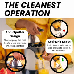 InstaCuppa Citrus Juicer Electric for Busy Moms, Quiet Copper DC Motor Juice Machine, 3 Cone Sizes, Effortless Ergonomic Handle, BPA-Free, Easy To Clean, 1-Year Warranty, 180 Watts