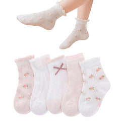 MOMISY 5 Pairs Baby Kids Girl Boys Tube Socks Toddlers Comfortable Ankel Length gifts (IN, Age, 3 Years, 5 Years, Bow-PinkWhite)