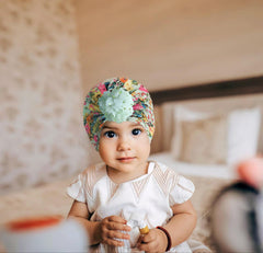 SYGA Baby Turban Hat, Toddler Beanie Cap Infant Hat 6 Month-4 Years Cotton Floral Baby Cap Headwear Unisex with Big Flower Soft Cute Hat, Light Green Floral