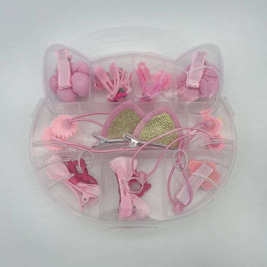 SYGA Infant Children Girl Headwear Gift Cat Shaped Box Set Hairpin Princess Kids Flower Bow Knot Hair Clips Hair Accessories (Ear Powder)