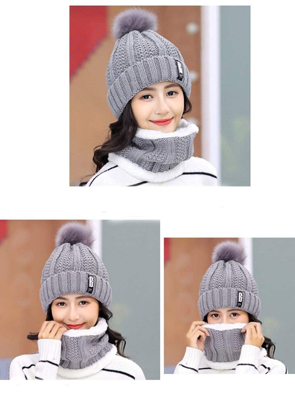 SYGA Winter Beanie Hat for Women with Pom Pom and Fleece Lining, Outdoor Sports Hats, Above 15 Year Gray