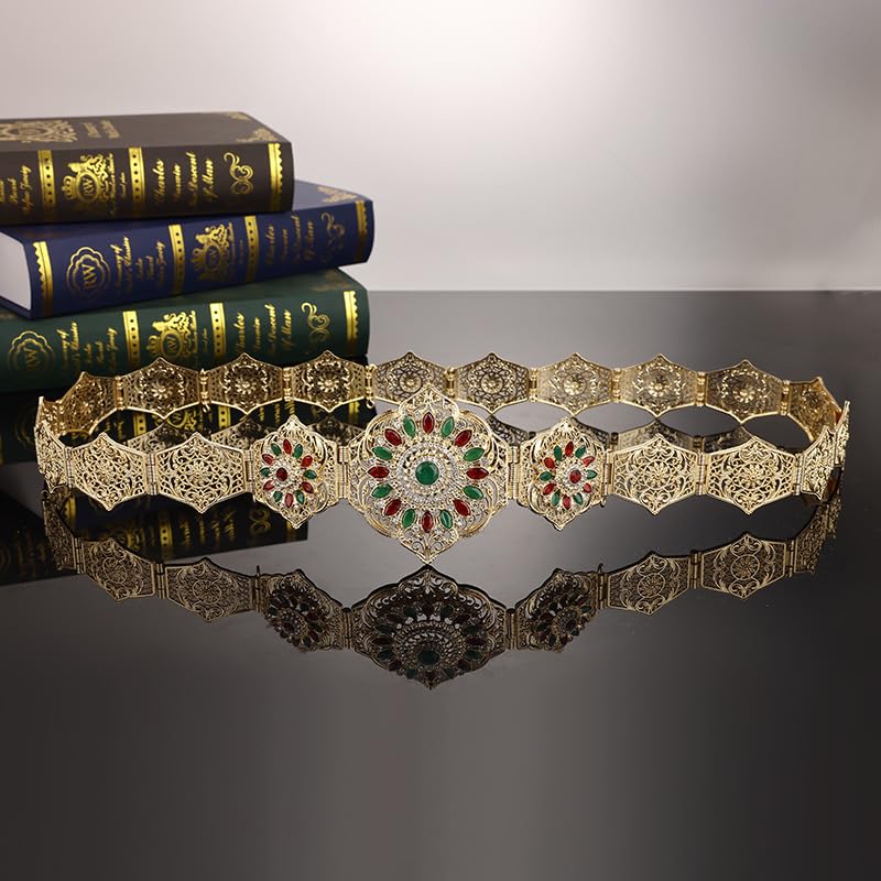SYGA Women's Bridal Gift Diamond Rhinestone Inlaid Single Circle Noble Round Crystal Hollow Flower Metal Belt For Saree (Gold)