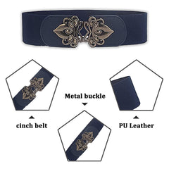SYGA Women Cinch Belt, PU Leather Stretchy Waist Belt with Emblem Metal Buckle, Retro Style - Navy Blue((Fits Waist Size 25-35)