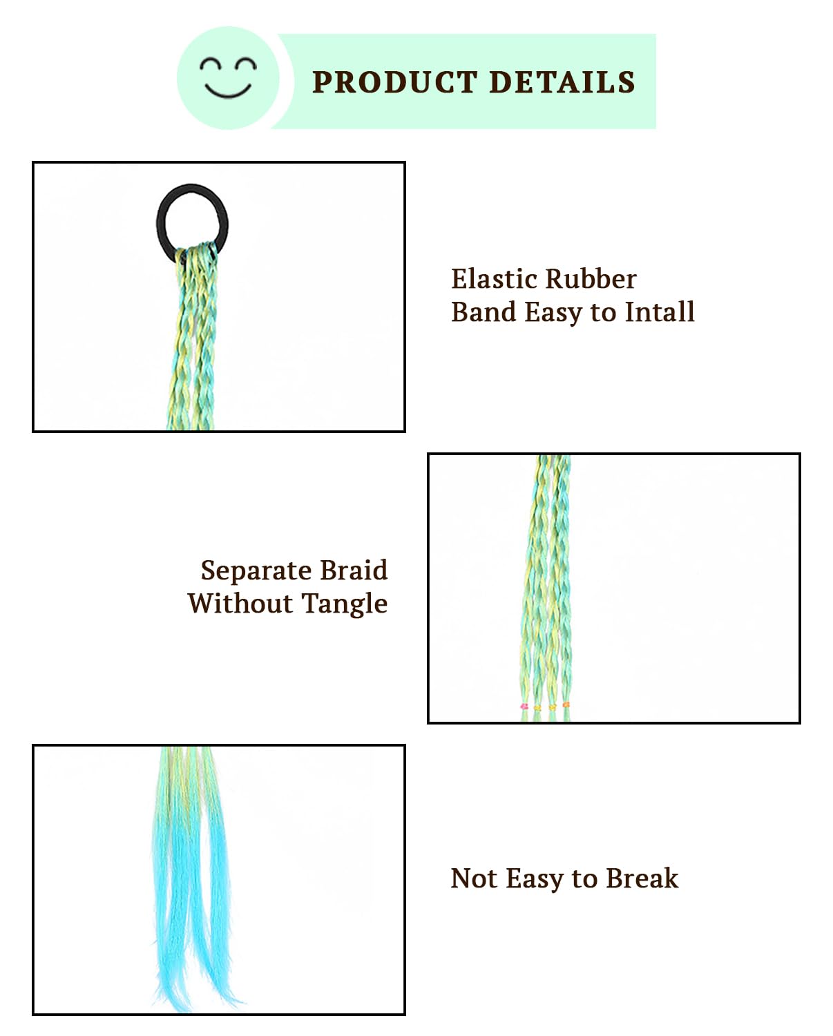 SYGA Girl Wig Headwear, Twist Braid Rope Ponytail Hair Extension, Gradient Lake Blue, 3 Strands, Kids Hair Styling Accessory