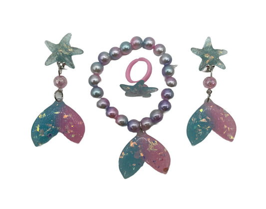 SYGA Baby Girl Cartoon Bracelet Ring Earrings Earclip Set Children Little Girls Jewelry 4 Pcs Set Kids Accessories (Gradient Blue)