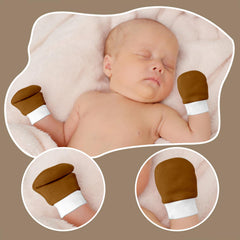 MOMISY Baby Boy and Baby Girl Combo/Gift Set Of Cotton Hand Mittens (Gloves) (3 Pairs) and Leg Booties (Socks) (3 Pairs), 0 to 6 Months. (Brown Grey Pink)