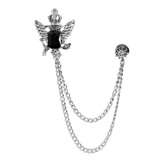 SYGA Luxury Crown Style Brooch for Men's & Women Suit Shirt Stud Brooch Lapel Pin Brooch Pin Chain Tassel Brooch Pin with Crystal Chain(Silver Crown Eagle Black Gemstone)