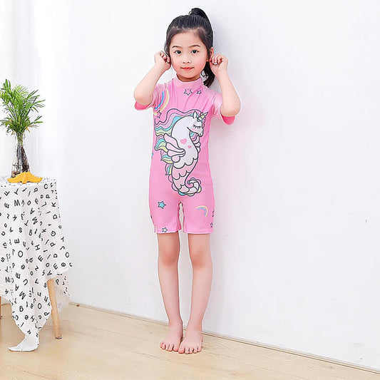 SYGA Children's Swimsuit Short-Sleeve Seahorse Unicorn XL Size Perfect for Kids Age 7-8 Years Old (Pink)
