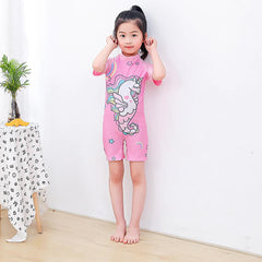 SYGA Children's Swimsuit Short-Sleeve Seahorse Unicorn M Size Perfect for Kids Age 3-4 Years Old (Pink)