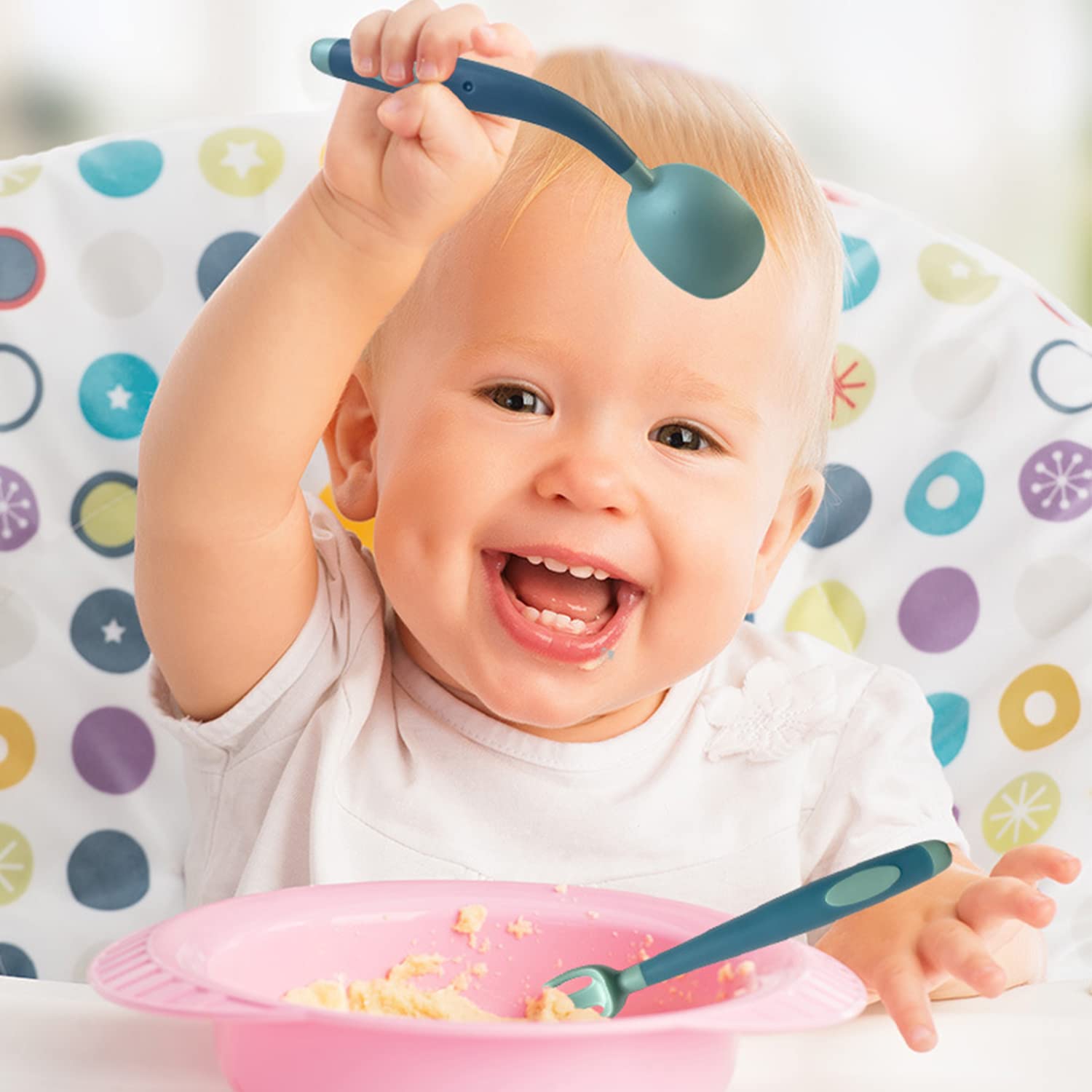 SYGA 2PCS Infant Baby Fork and Spoon Set Baby Feeding Learning Temperature Sensing Kid Utensils Toddler Anti-Choke Self Feeding Accessories (Baby Temperature Spoon Blue), Polypropylene, 3.5 inches