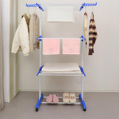 STANSY 3-Tier Heavy Duty Cloth Drying Stand with Wheels, Foldable Laundry Dryer Rack, Stainless Steel Drying Stand for Home, Balcony, Indoor Use, Blue