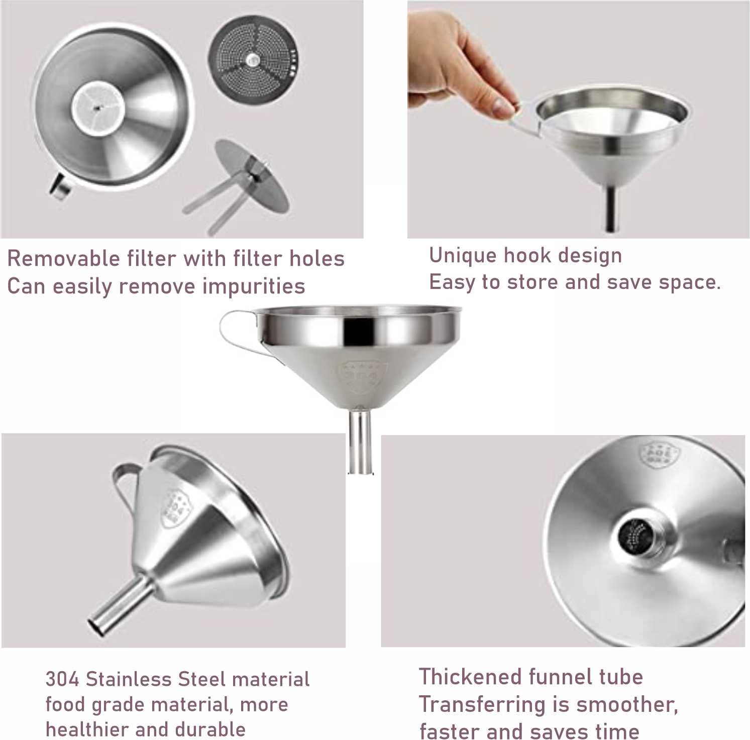 SYGA Liquid Funnel Stainless Steel 15cm Kitchen Funnel with Removal Strainer Food Filter Strainer for Transferring Liquids, Fluid, Small Dry Ingredients Oil, Making Jam- Silver