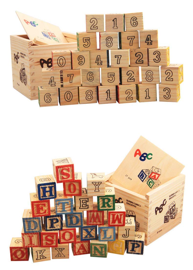 Syga 27 PCS Wooden Blocks for Toddlers 1-3 Large, 26 Alphabet Number Animals Wood Blocks Puzzle Games for Babies, Montessori Learning Blocks for Toddlers 3-5 in a Box Storage case