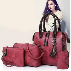 MOMISY Set of 4 Pieces Leather Finish PU Material Ladies Hand Bag, Clutch and Wallet for travel office Party for women (Pink)