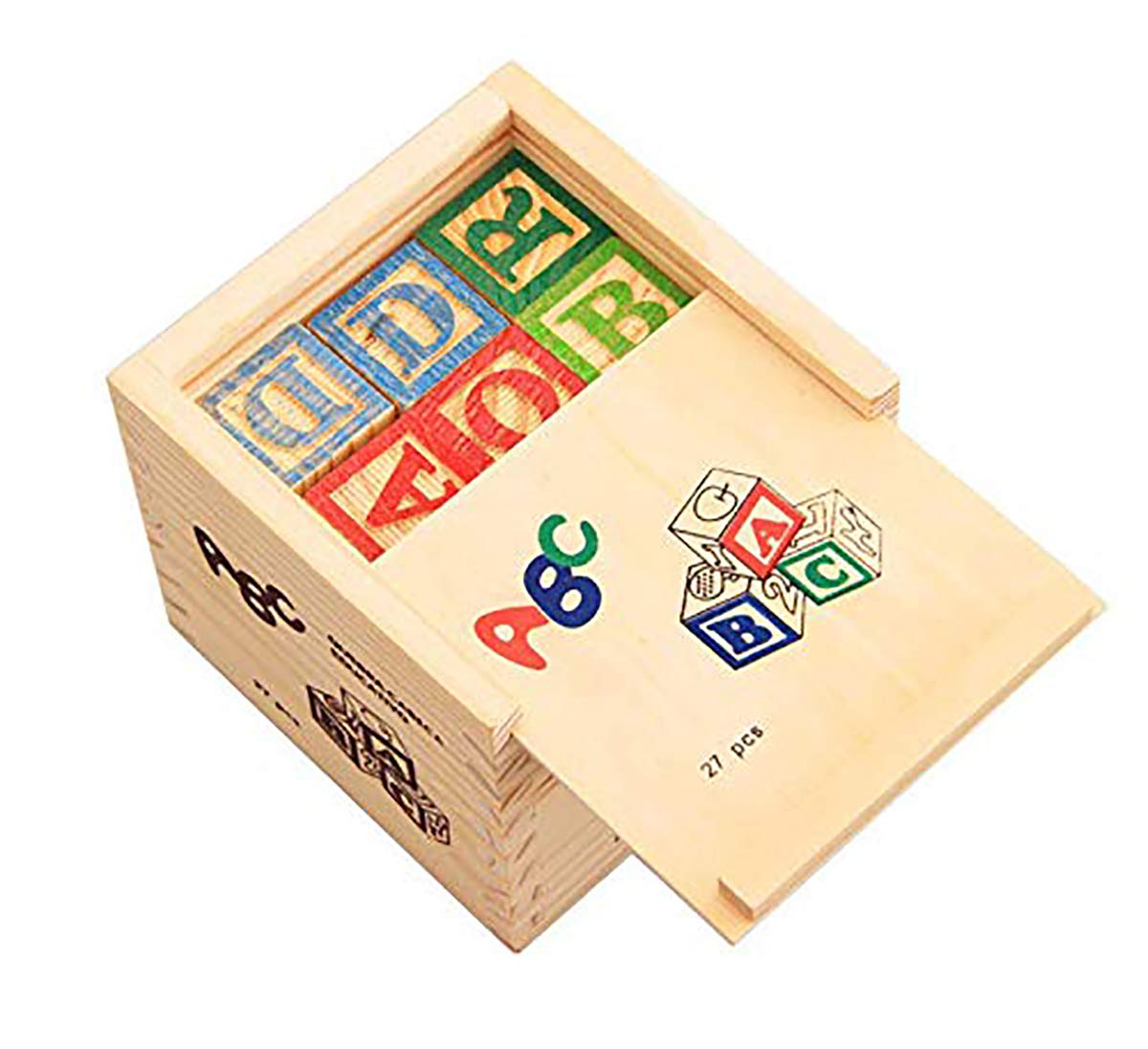 Syga 27 PCS Wooden Blocks for Toddlers 1-3 Large, 26 Alphabet Number Animals Wood Blocks Puzzle Games for Babies, Montessori Learning Blocks for Toddlers 3-5 in a Box Storage case