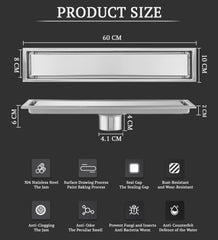 SYGA 304 Stainless Steel Long Floor Drain with Double Filtration,Shower Drain Cover Plate Middle Hole,10x60 cm
