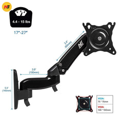 TECVITY Gas-Strut Monitor Arm for 17” to 35”, Load 3-12kg, Double Extension.