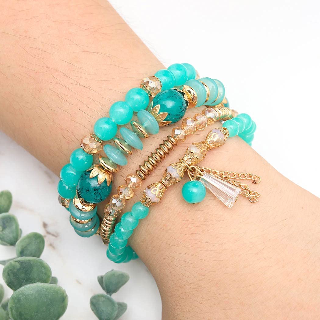 SYGA Bohemia Multilayer Bracelet, Retro Bracelet Set, Elastic Tassel Bracelet, Stackable Bracelet for Boy and Girl, Party, Holiday, Beach Accessories- Design 1