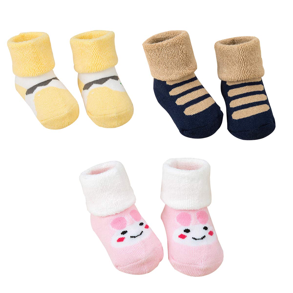 SYGA Baby Boys & Baby Girls Warm Thick Turn Cuff Ankle Socks Cotton Soft Warm Winter Socks (Small) Set of 3 for 0-12 Months Baby